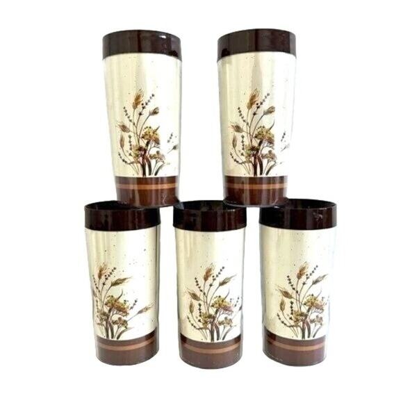 Set of 5 Vintage THERMO SERV WHEAT Drinking Glass Plastic Dried Grasses 1980s - Picture 1 of 4